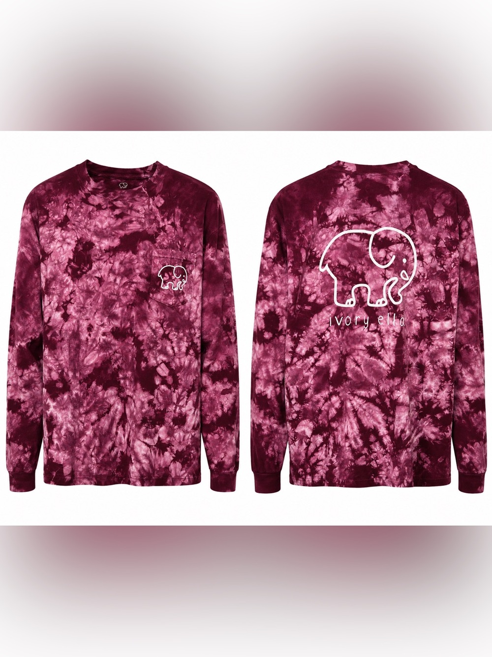 Ivory Ella XL Tie Dye Long Sleeve Pocket T Shirt Burgundy Purple Elephant F#3